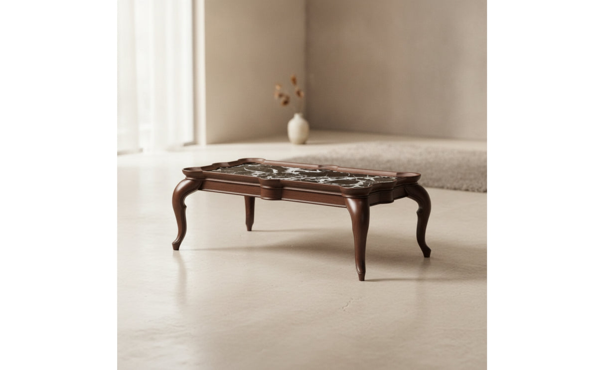 Coffee Table with Marble-Look Traditional-Aesthetic Top-Style Low Coffee Table Curved-Leg Furniture for Living Room, Sitting Area, Reading Corner