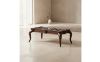 Coffee Table with Marble-Look Traditional-Aesthetic Top-Style Low Coffee Table Curved-Leg Furniture for Living Room, Sitting Area, Reading Corner