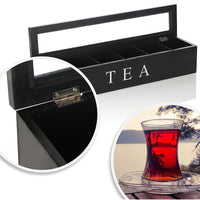 Wooden Tea Bag Storage Box with Flip Lid and Compartments for Coffee Capsules, Watches, and Jewelry