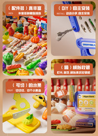 Hippo Supermarket Pretend Play Set with Shopping Cart, Fruits, Vegetables, BBQ, Snacks, and Cutting Toys