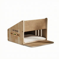 Cat House with Scratcher Enclosed Wooden Cat House Furniture for Living Room, Bedroom, Apartments