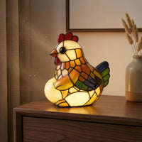Black Outline Hen Holding Egg-Shaped Light Multicolored Stained Glass Hen Lamp Translucent Chicken Egg-Shaped Lamp Decorative