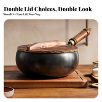 Hand Hammered Iron Pot Deep Design Uncoated Iron Milk Pan Gas and Induction Compatible Small Stir-Fry Pan with Wooden Lid for Parents, Stewing