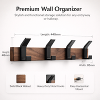 Black Walnut Wood Wall Mounted Coat Rack with 5 Hooks, Solid Wood Hat Hook for Entryway, Hook for Apartment Living, Nursery Wall Decor
