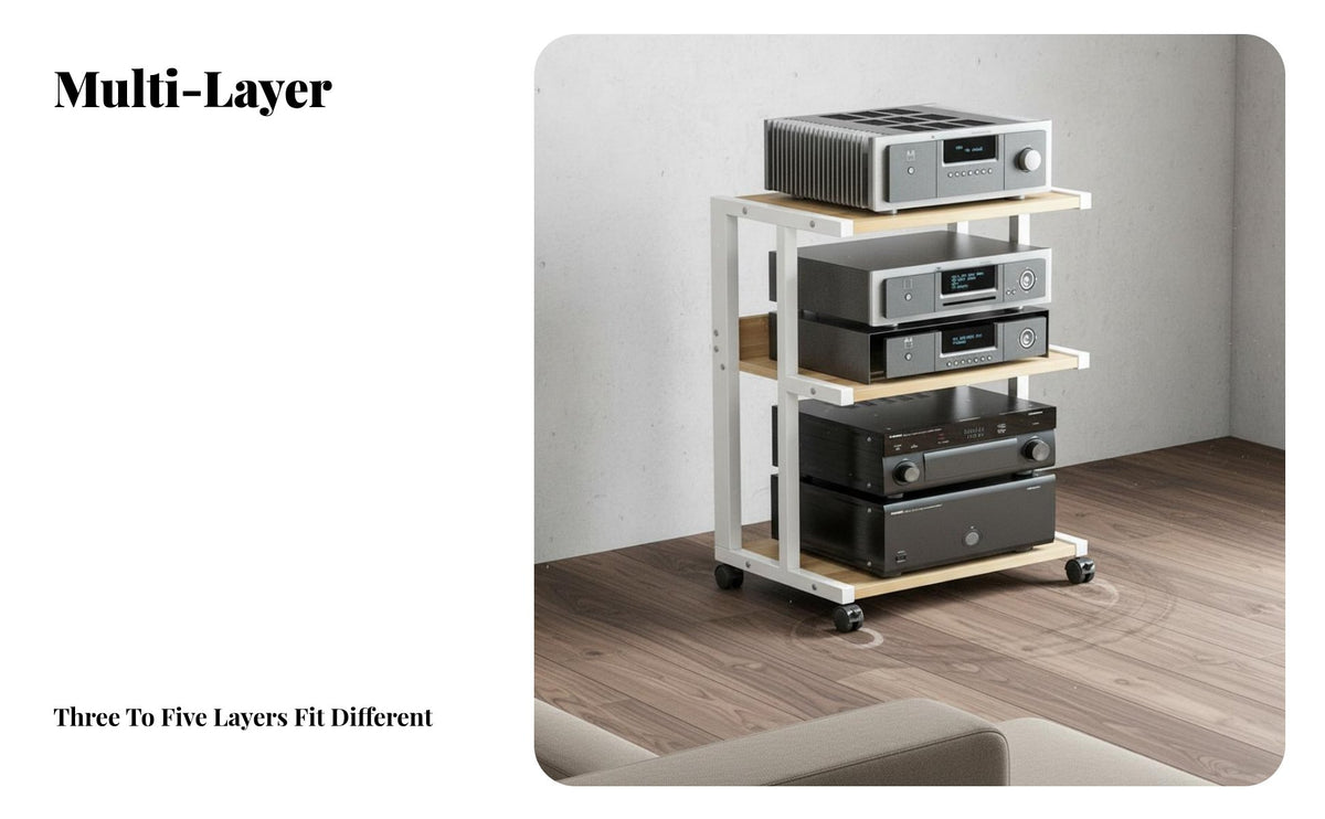 With Lockable Wheels High-Fidelity Equipment Rack Heavy Duty Multi-Tier Amplifier Stand Stable and Long-Lasting Rolling Audio Component Rack Easy to Assemble for Audiophiles, Home Theater, Living Room, Study
