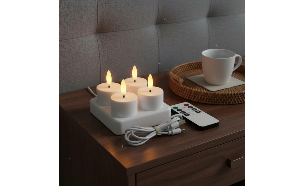 Flickering Effect LED Tea Light Set with Charging Base No Dripping Melt Rechargeable LED Tea Lights Safe Flameless Candle Set with Wireless Controller Timer Function for Christmas, Home Decor, Wedding, Restaurant