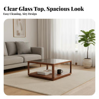 Nordic design Square glass surface Coffee Table sturdy Wood Frame Square Glasssurface Light Luxury stylish Home Furnishing Modern Design for Apartment Dwellers, residents, Living Room, Small areas, Lounge Area