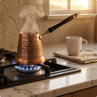 Tinned Interior Turkish Coffee Pot Wooden Handle Copper Cezve Hanging Loop Engraved Copper Pot Stovetop Use for Heating Drinks