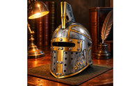 Raised Crest Spartan Helmet Statue Silver and Gold Antique-Style Helmet Ornament Distressed Finish Perforated Panels for Home Display