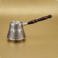 Handmade Turkish Cezve Silver Finish Copper Cezve Pot Double-Layered Turkish Coffee Pot Heat-Tinned