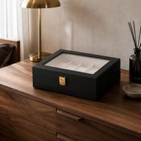 Matte Black Watch Storage Box Gold-Tone Clasp Watch Display Case Padded Interior