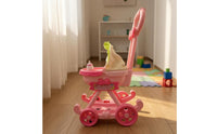 Textile Canopy Pink Doll Stroller Push Handle Pink Toy Stroller Front Tray Storage Platform for Children