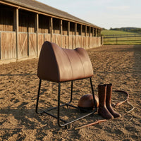 Caster Wheels Mobile Saddle Rack Cylindrical Metal Frame Rolling Saddle Rack Leather-Like Finish Horse Tack Stand Rectangular Base