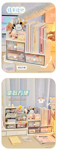 简约桌面收纳盒学生文具洞洞板置物架分格多层抽屉式整理架书立架 白色大号2抽兔子洞洞板