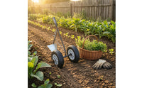 Effort Saving Manual Double Wheel Garden Plow Easy to Replace Heads Manual Push Garden Tiller Heavy-Duty Steel Frame Hand Push Furrower Weeder Rust-Resistant for Gardeners, Small-Scale Farmers, Farm, Vegetable Plot, Allotment