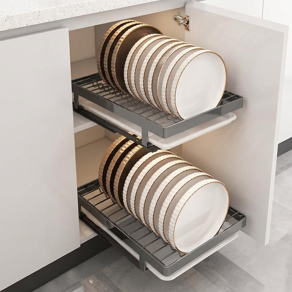 Dish Rack Set Pull-Out Rack, Carbon Steel Space Saving Drawer Organizer with Built-in Track for Kitchen Cabinet, No Drill Dish Rack Drainage