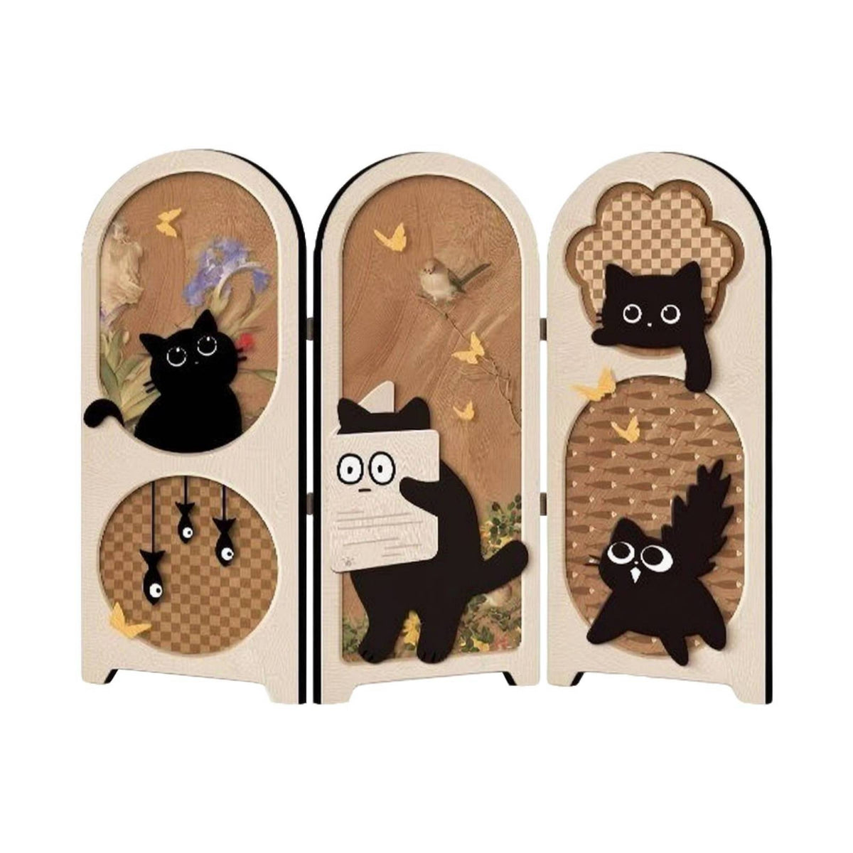Cat-Themed Three-Panel Screen Compact Foldable Screen with Hinges Textured Ornament Short for Shelf