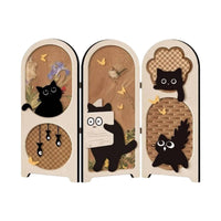 Cat-Themed Three-Panel Screen Compact Foldable Screen with Hinges Textured Ornament Short for Shelf