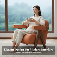 Wabi-Sabi design Lowsilhouette Wooden Single-Seater full Wood Frame Upholstered Accent Armchair Small Space accommodating Lounge Chair space-efficient Size for Readers, Homeowners, Renters, Living Room, Bedroom, perusing corner, Balcony