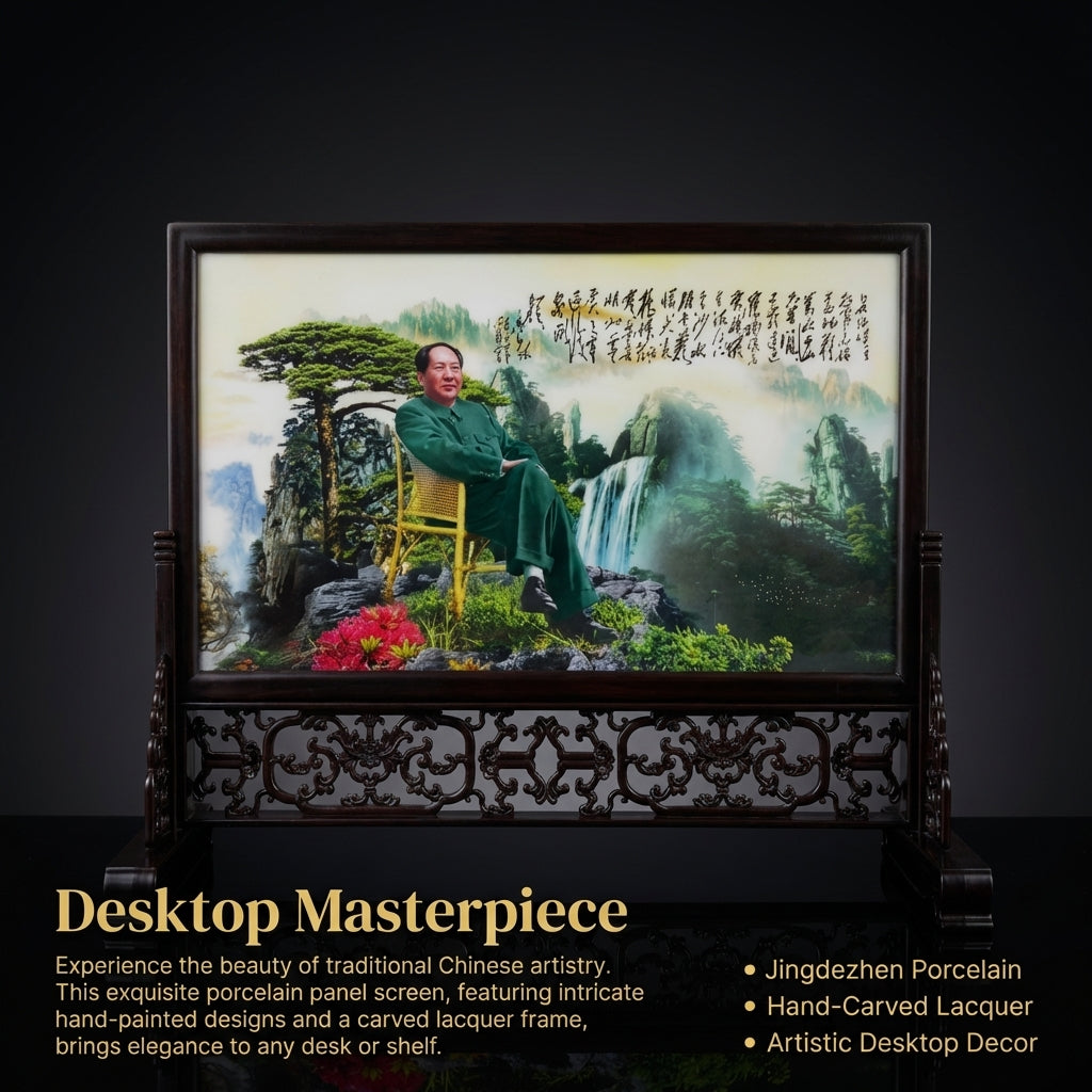 Desktop Screen for Desk Decoration, Chinese Antique Style Porcelain Plaque with Lacquerware Frame, Mini Display for Office Collectors