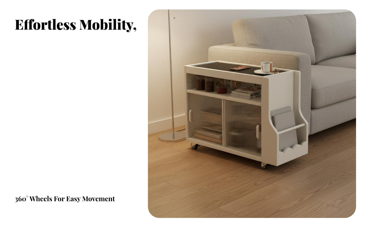 Solid Wood Frame Mobile Sofa Side Cabinet Sintered Stone Top Rolling End Table Retro Design Rolling Side Table Easy to Move for Apartment Dwellers, Homeowners, Office Workers, Bedroom, Small Areas, Study