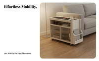 Solid Wood Frame Mobile Sofa Side Cabinet Sintered Stone Top Rolling End Table Retro Design Rolling Side Table Easy to Move for Apartment Dwellers, Homeowners, Office Workers, Bedroom, Small Areas, Study