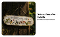 Floral and Bird Motif Metal Welcome Sign Scalloped Edges Hanging Welcome Plaque Gold-Tone Chain Hanging Wall Sign Pale Green Trim for Fence