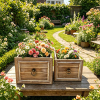 2 Pieces Wooden Planter Box Distressed Brownish Flower Container Paneled Front Home Decor for Tabletop Display