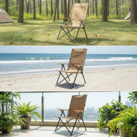 Folding Lounge Chair with Wooden Armrests Foldable Outdoor Recliner Metal Frame Weather-Resistant Patio Chair with Armrests for Backyard