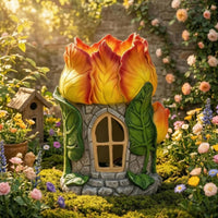 Stone-Textured Cottage Ornament Arched Window Floral House Ornament Carved Leaves for Lawn