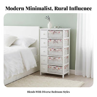 Woven Basket Drawers Tall Organizer with Baskets Country Aesthetic 5-Drawer Vertical Chest Space-Saving Design Storage Cabinet Removable Liners for Families, Homeowners, Renters, Bedroom, Living Room, Hallway, Entryway