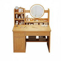 Minimalist Design Dressing Desk with Round Mirror Includes Matching Stool Vanity Set with Lighted Mirror Built-in Storage Makeup Table Rounded Corners for Women, Young Adults, Teenagers, Apartment