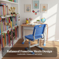 Stable Steel Frame Adjustable Student Desk and Chair Safe & Long-Lasting Height Adjustable School Desk Set Large Storage Compartment Children's Study Table and Chair Anti-Slip Feet for Students, Boys, Girls, Classroom, Tutoring Center, Bedroom, Playroom