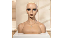 Mannequin Head with Shoulders Realistic Female Mannequin Bust Bald Hairpiece Display Head for Cosplayers, Jewelers