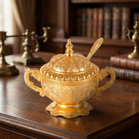 Ornate Sugar Bowl with Lid and Spoon Vintage-Style Sugar Bowl with Spoon Gold-Colored Elegant Embossed for Collectors