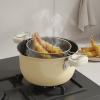 Multi-Purpose Tempura Fryer Pot Lid Included Frying Pot with Basket Oil-Saving Non Stick Fryer Pan Double Handles for Home, Cooktop Top