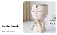 Girl Face Flower Pot Creative Design Girl Figurine Planter Decorative Ornament Heart-Shaped Hands Bust Pot for Home Decor, Desktop, Balcony