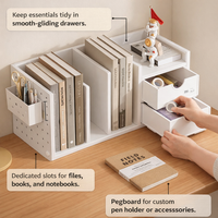 Desk Storage with Drawers and Pen Holder, Pegboard File Organizer for Office 3 Compartment Workspace Organization for Students