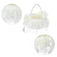 Satin Flower Girl Basket with Pearl Handle Charming Flower Girl Basket with Bow Exquisite Romantic for Brides
