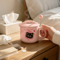 Ceramic Mug with Lid and Spoon, Cute Cat Design Coffee Cup, Birthday Gift for Friends