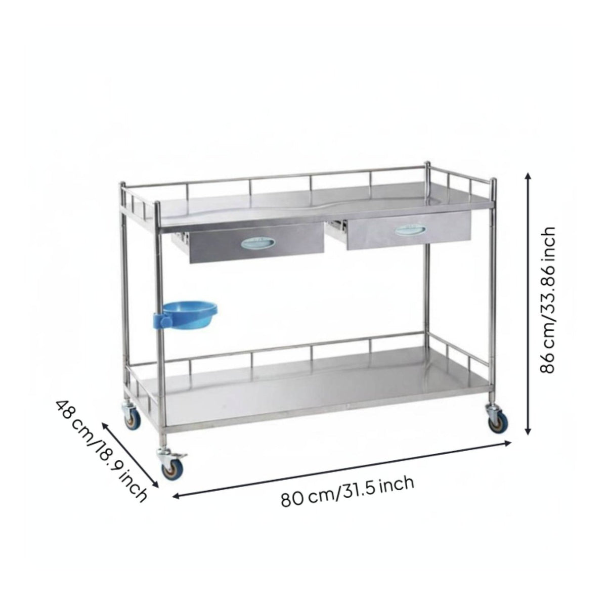 Locking Wheels Hospital Treatment Trolley Quiet Casters Stainless Steel Medical Mobile Trolley Safety Guardrails 2-Tier Laboratory Trolley Easy Assembly for Laboratory