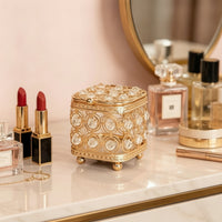 Gold-Tone Jewelry Box with Crystal Embellishments Decorative Jewelry Box with Crystals Ornate Glittering for Women, Vanity, Dresser, Bedside Table
