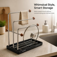 Walnut Wood Dish Drying Rack with Stainless Steel Cloth Holder for Kitchen Countertop Organization