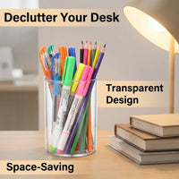 Acrylic Pen Holder for Desk, Clear Desktop Organiser for Study Table, Round Pencil Cup for Students, Stationery Brush 10 x 6.5 cm