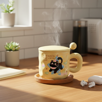 Cute Cat Ceramic Mug with Lid and Spoon, 400ml Coffee Tea Cup, Novelty Gift for Friends and Office
