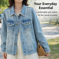 Women Oversized Denim Jacket with Frayed Edge Detail, Long Sleeve Ladies for Spring, Soft Washed Blend Finish