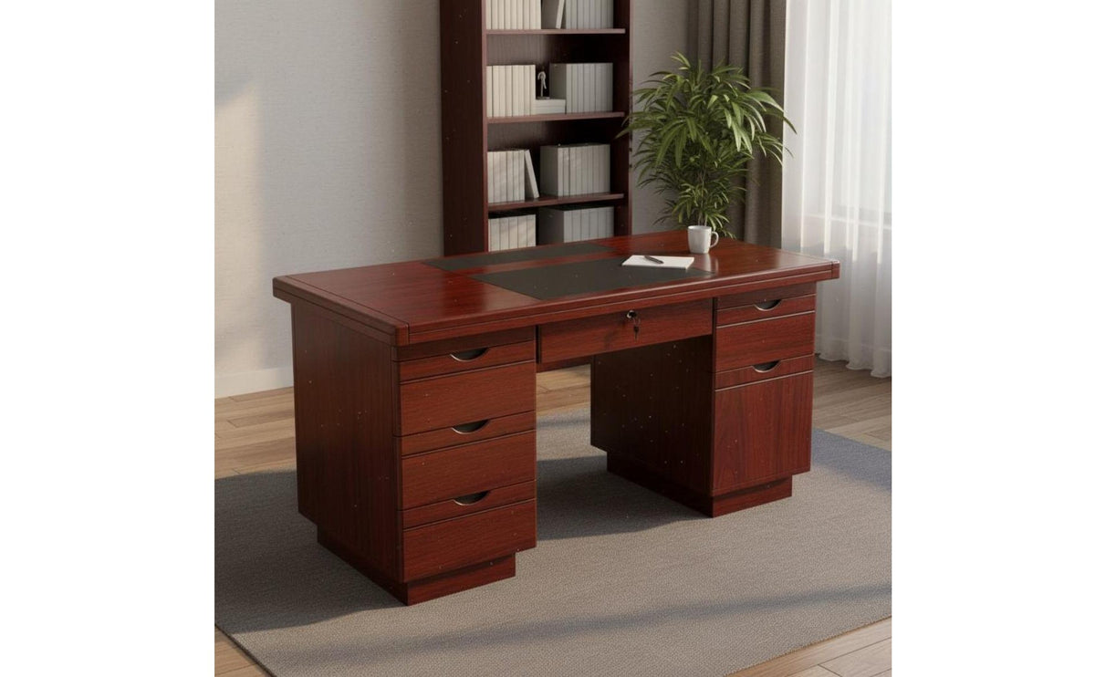 Lockable Drawer Wooden Writing Desk with Secure Wood Grain Finish Double Pedestal Desk Sturdy Construction Workstation Waterproof Surface for Personnel, Students, Study Room