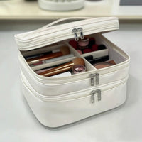 Double-Layer Makeup Bag Zippered Double Layer Cosmetic Bag PU Cosmetic Organizer Soft Long-Lasting for Travelers, Vanity