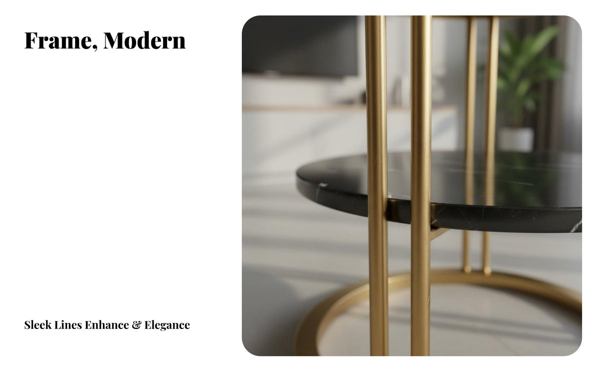 Nordic Design Round End Table Gold-Tone Finish Round frameFrame Side Table Modern Aesthetic Household Furniture Luxury Design for Interior Designers, Homeowners, Apartment Dwellers, Living Room, Bedroom, Reception Area, Small Areas
