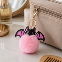 Halloween Colorful Bat Pom Pom Keychain Plush Bag Charm Car Accessory